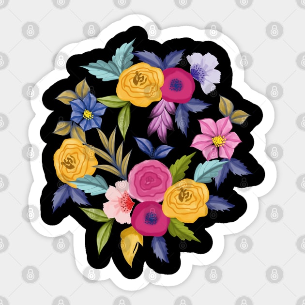 Watercolor Floral Art On Black Background - Botanical Art Sticker by Designoholic